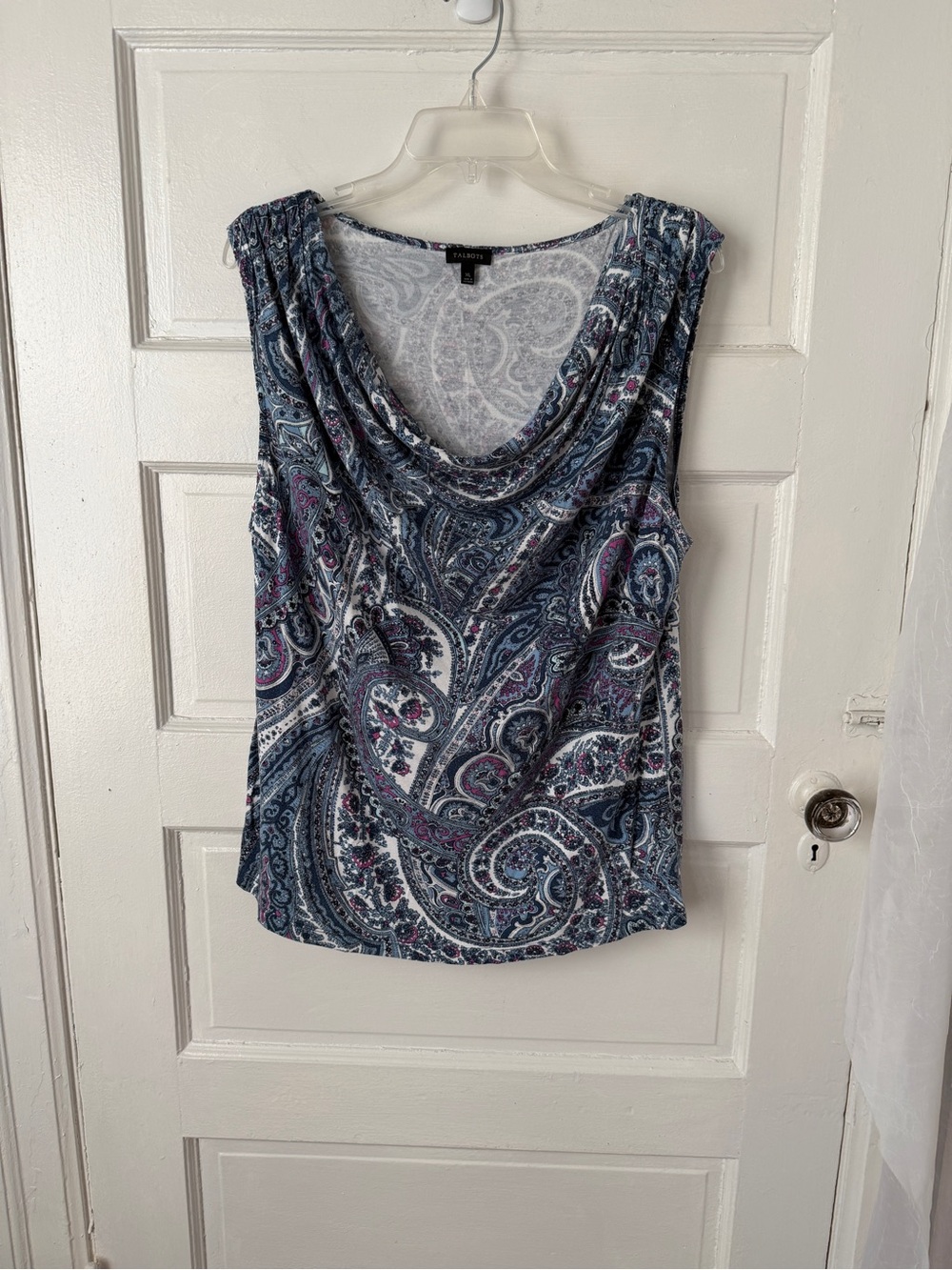 Talbots Blue & Purple Paisley Cowl Neck Sleeveless Top Rayon Office Casual XL
